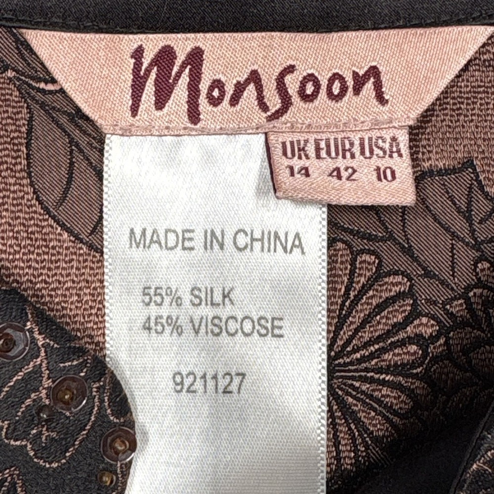 VTG Monsoon Womens Embellished Oriental Top Size 10 Brown Y2K Floral Silk Blend - Picture 4 of 13